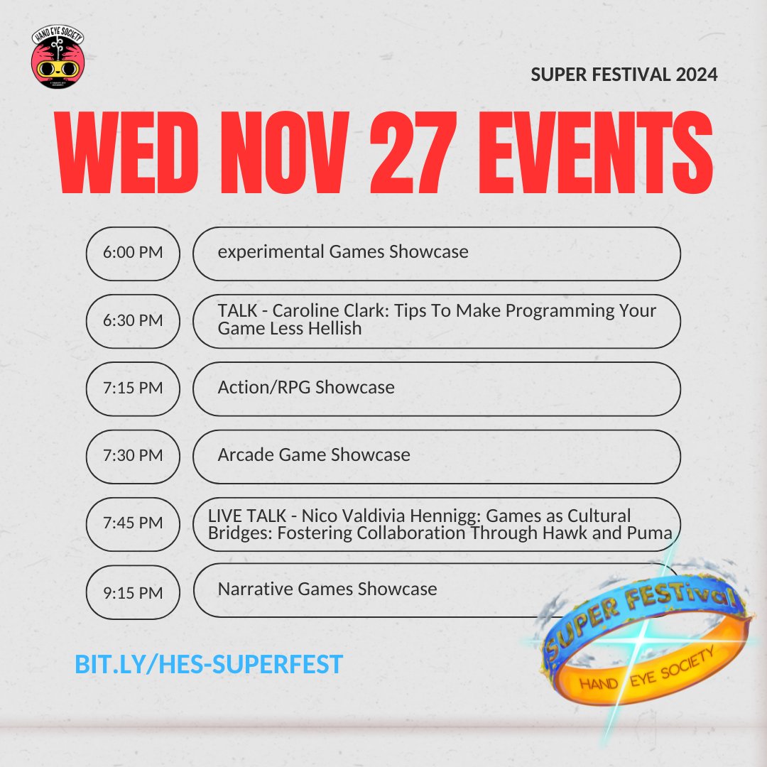 We are less than a week away from super FESTival '24! November 25 - December 1st, This year we are hybrid with a portion of our talks and workshops being live streamed on our site bit.ly/HES-superfest 
Check out the schedule