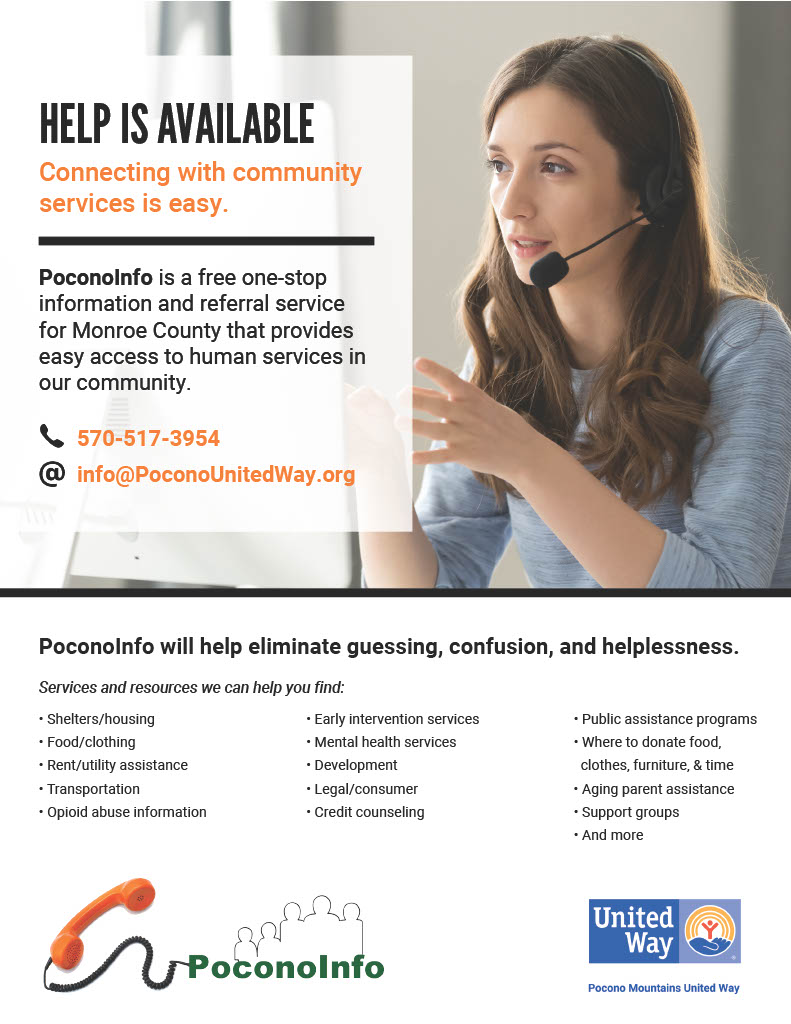 Are you a resident of Monroe County in need of assistance? The PoconoInfo helpline is here to help! Our call specialists are ready to listen &amp; connect you with resources that may be able to help. Helpline Hours: Monday-Friday 9am-4pm
#PMUW #MonroeCountyPA #PoconoInfo
