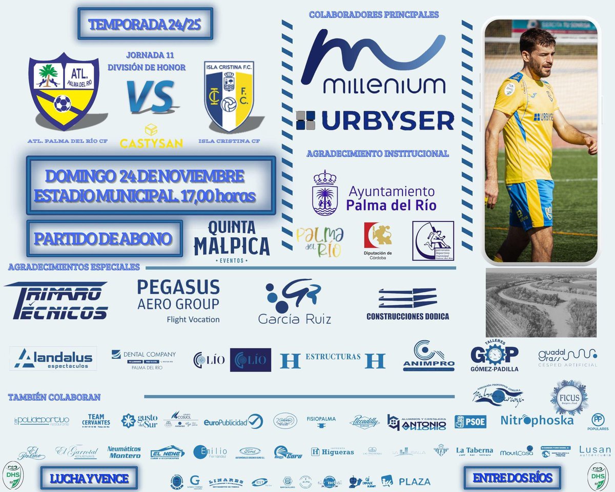 🖋Domingo 24 de Noviembre - 17,00 h
⏩Estadio Municipal El Pandero
🆚Isla Cristina CF
🟦🟨Apoya y disfruta de tu equipo.
✅11ª Jornada de División de Honor
🆓RETUIT Y GANA UNA CAMISETA DEL CLUB!
🔝Todos los que retuiteen entran en el sorteo de la camiseta del Club.