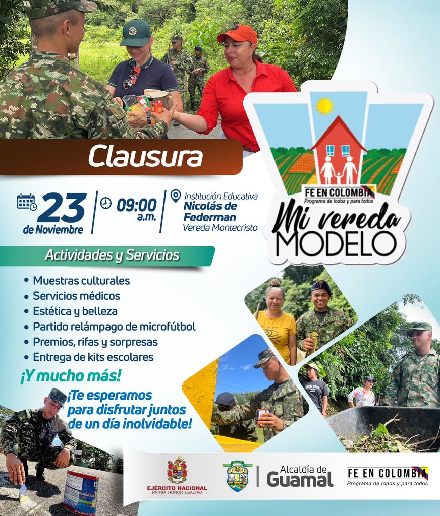 Ejercito_Div4's tweet photo. Con un firme compromiso con las comunidades, el @COL_EJERCITO, el programa #FeEnColombia y la Administración Municipal de Guamal, #Meta, realizarán la entrega oficial de la #MiVeredaModelo este 23 de noviembre a partir de las 9 am.

¡#NuestroCompromisoEsColombia! 🇨🇴 https://t.co/H7B2GZjjZM