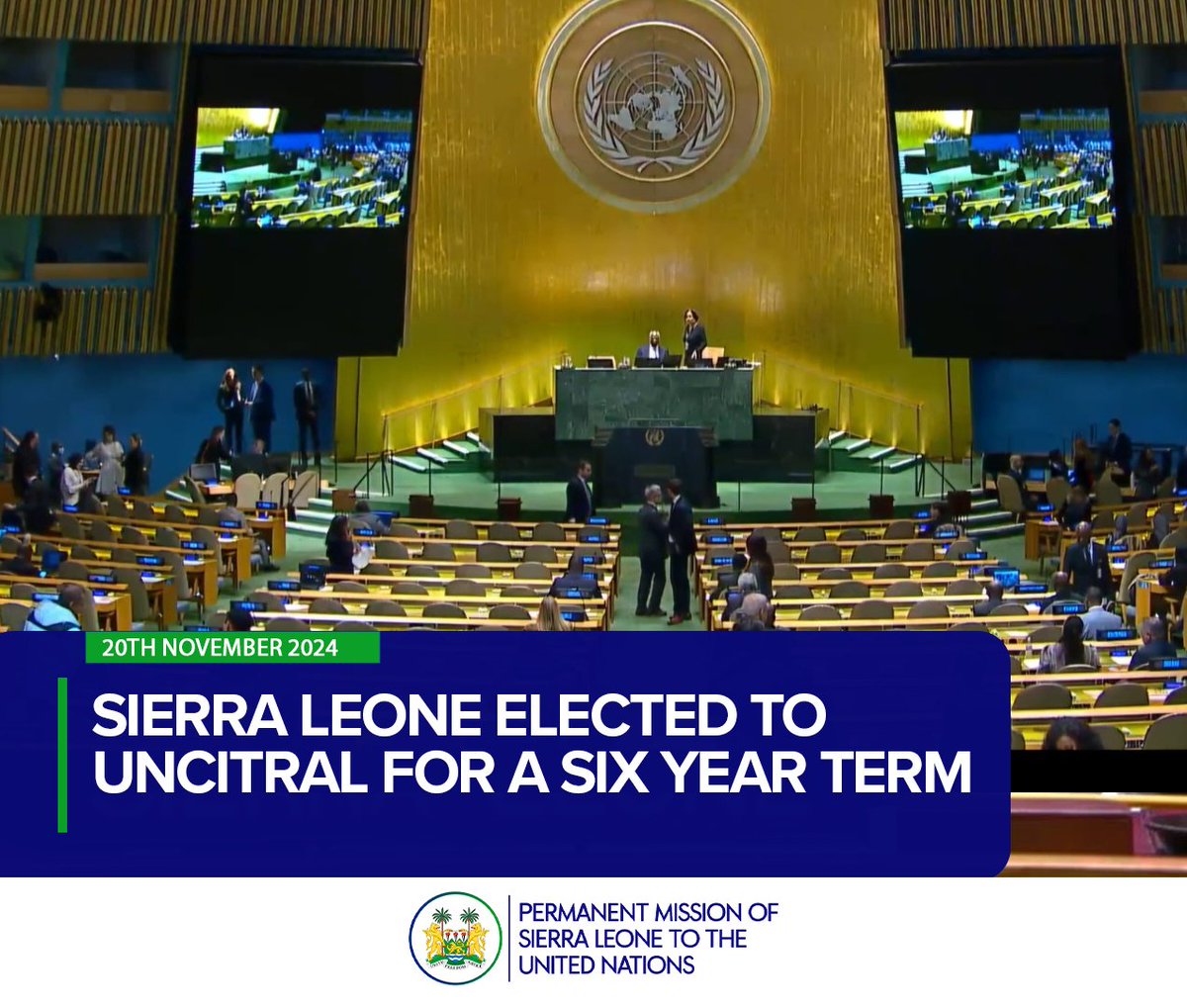 November 20th, 2024.
At the 40th Plenary meeting of its 79th Session, the United Nations General Assembly elected Sierra Leone 🇸🇱 and 29 other Member States to serve as members of the United Nations Commission on International Trade Law (UNCITRAL) for a six-year term from