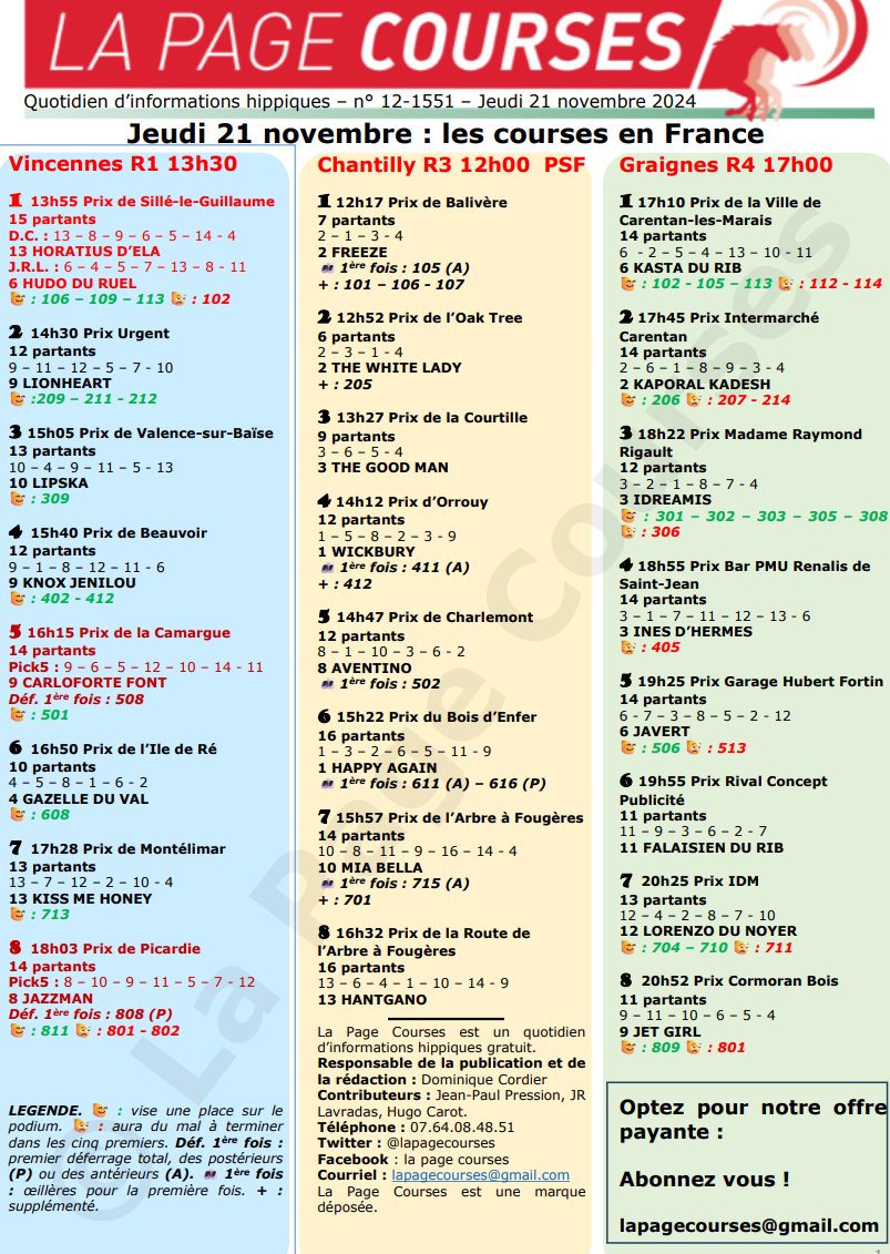 Jeudi 21 novembre 2024.

On trotte à Vincennes, avec le Quinté.

On galope sur le sable de Chantilly.

On trotte à Graignes.

Pour tout savoir, cliquez ici :

drive.google.com/file/d/1txJ2eQ…