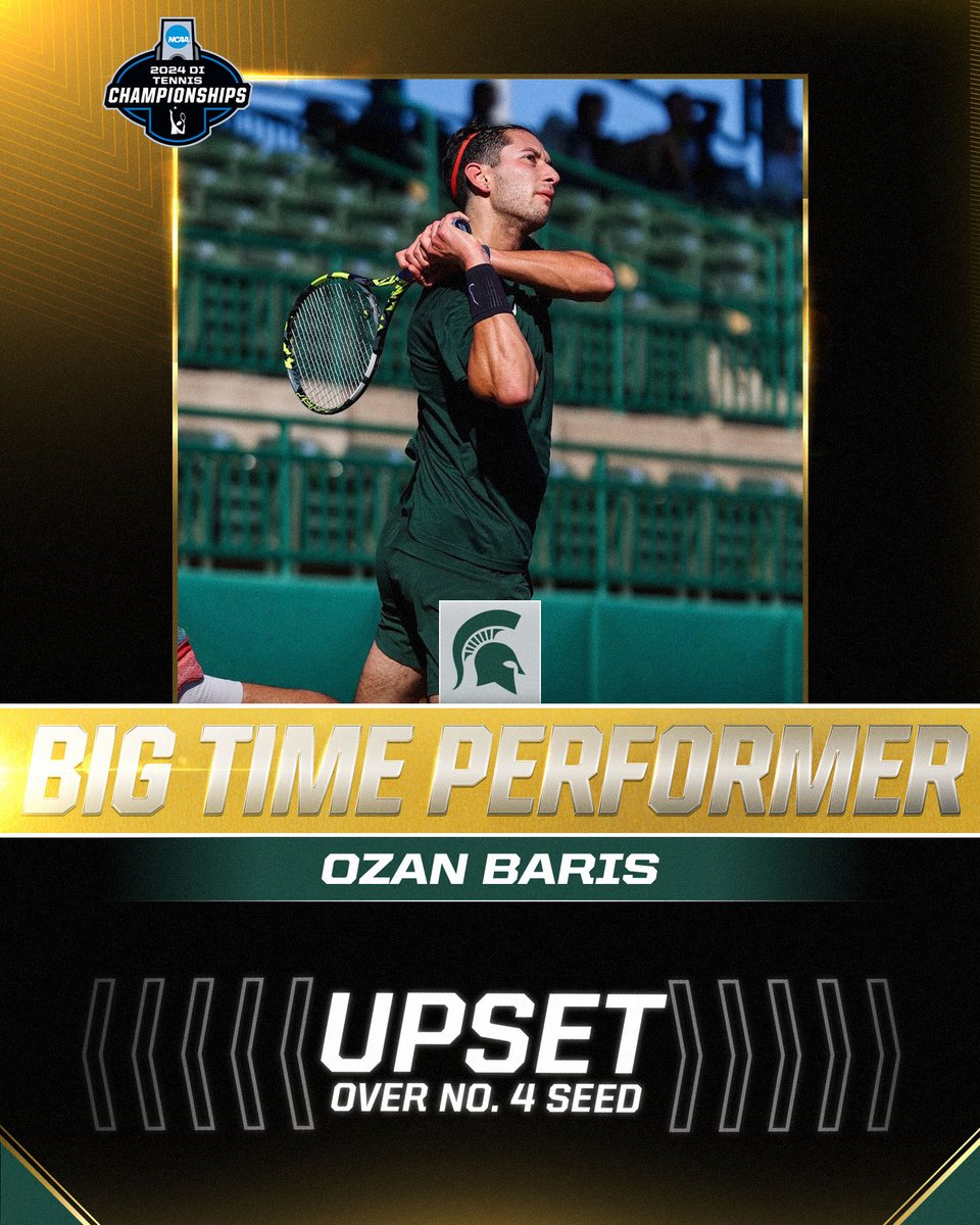 NCAATennis's tweet photo. Big-time win for Ozan Barris over No. 4 seed Carl Emil Overbeck to earn All-America status and a spot in the Round of 16! 😎

#NCAATennis | @MSU_MTennis https://t.co/18d8ryj4vE