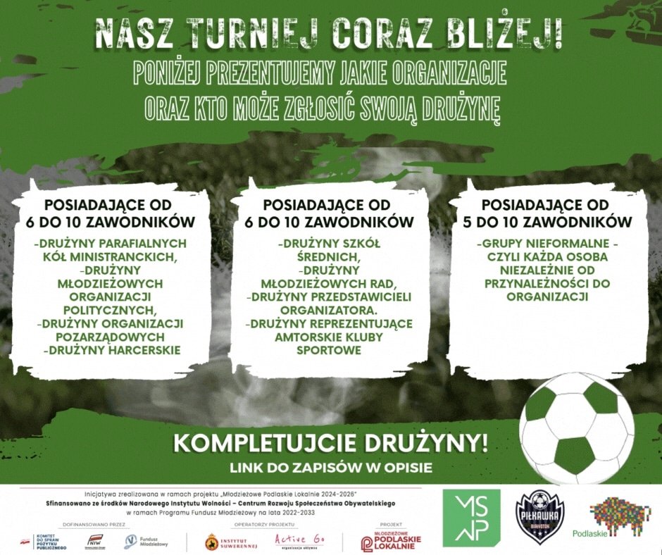 mlodzipodlaskie's tweet photo. Nasz turniej coraz bliżej ❗️⚽️

Poniżej prezentujemy jakie organizacje oraz kto może zgłosić swoją drużynę. ⤵️

Kompletujcie drużyny❗️🏟️

Link do zapisów. 👇
https://t.co/jqWS2Uwtc2 https://t.co/BpQxB73Xyj