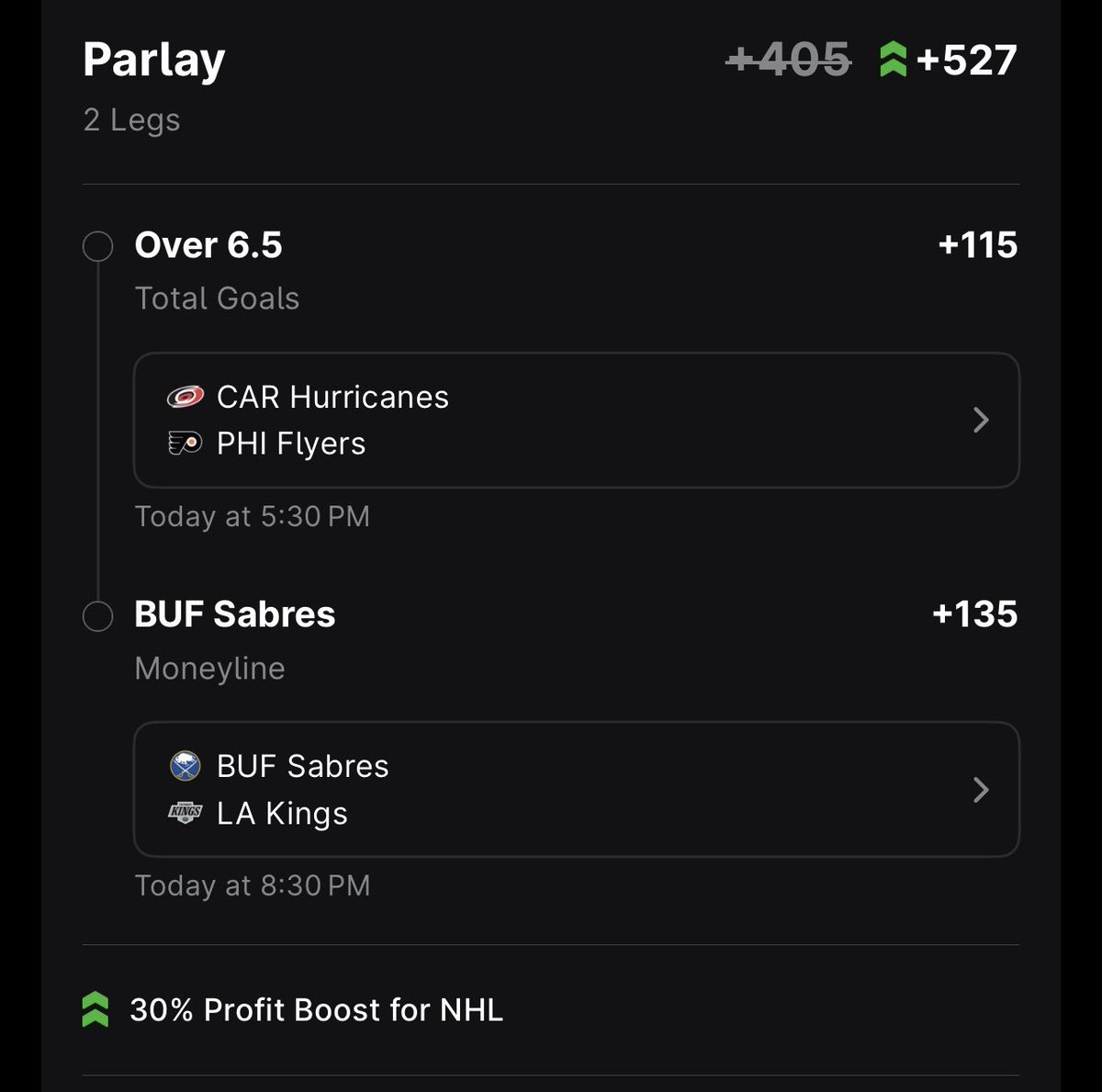 ESPN bet 30% NHL Boost play 

Fair vale: 426 (devig to pinny) 
QK: .91u