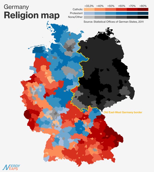 Epic Maps 🗺️ (@theepicmap) on Twitter photo 32 years after German unification, the faith divide between East and West is astonishing. 32 years after German unification, the faith divide between East and West is astonishing.