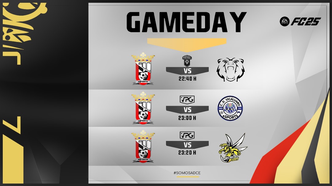 ADCeuta Esports (@adceutaesports) on Twitter photo #MatchDay 20/11/2024
📌 3 finales para el equipo.
🏆 <a href="/PLGeFootBall/">PLG España</a>
🏟️ <a href="/ADCeutaEsports/">ADCeuta Esports</a> 🇪🇸 🆚 <a href="/EX0TIKGAMING/">EXØTIK GAMING</a> 🇪🇸
⏰ 22:40h
🏆 <a href="/VPG_Spain/">Virtual Pro Gaming España</a>
🏟️ <a href="/ADCeutaEsports/">ADCeuta Esports</a> 🇪🇸 🆚 @eSportsCDVical 🇪🇸/ <a href="/WeewKlas/">Weewklas eSports | Clubes Pro</a> 🇪🇸
⏰ 23:00h/23:20h
🖥️ Twitch.tv/ADCeutaEsports
🎙️ <a href="/LucioNovero/">Lucio Novero</a>
#SomosADCE #MatchDay 20/11/2024
📌 3 finales para el equipo.
🏆 <a href="/PLGeFootBall/">PLG España</a>
🏟️ <a href="/ADCeutaEsports/">ADCeuta Esports</a> 🇪🇸 🆚 <a href="/EX0TIKGAMING/">EXØTIK GAMING</a> 🇪🇸
⏰ 22:40h
🏆 <a href="/VPG_Spain/">Virtual Pro Gaming España</a>
🏟️ <a href="/ADCeutaEsports/">ADCeuta Esports</a> 🇪🇸 🆚 @eSportsCDVical 🇪🇸/ <a href="/WeewKlas/">Weewklas eSports | Clubes Pro</a> 🇪🇸
⏰ 23:00h/23:20h
🖥️ Twitch.tv/ADCeutaEsports
🎙️ <a href="/LucioNovero/">Lucio Novero</a>
#SomosADCE