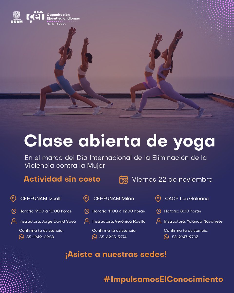 CEI_FUNAMMILAN's tweet photo. Te esperamos a nuestra clase abierta de Yoga👋🧘🧘‍♀️

Realizar un registro, solo para la clase en la sede de MILÁN
 https://t.co/0SVC0hqRNL

Confirmar tu asistencia
https://t.co/mMhRQkbbCR

#Yoga #UNAM #juárez #20Noviembre #coljuarez #Cuauhtemoc https://t.co/xnxFsqe7aC