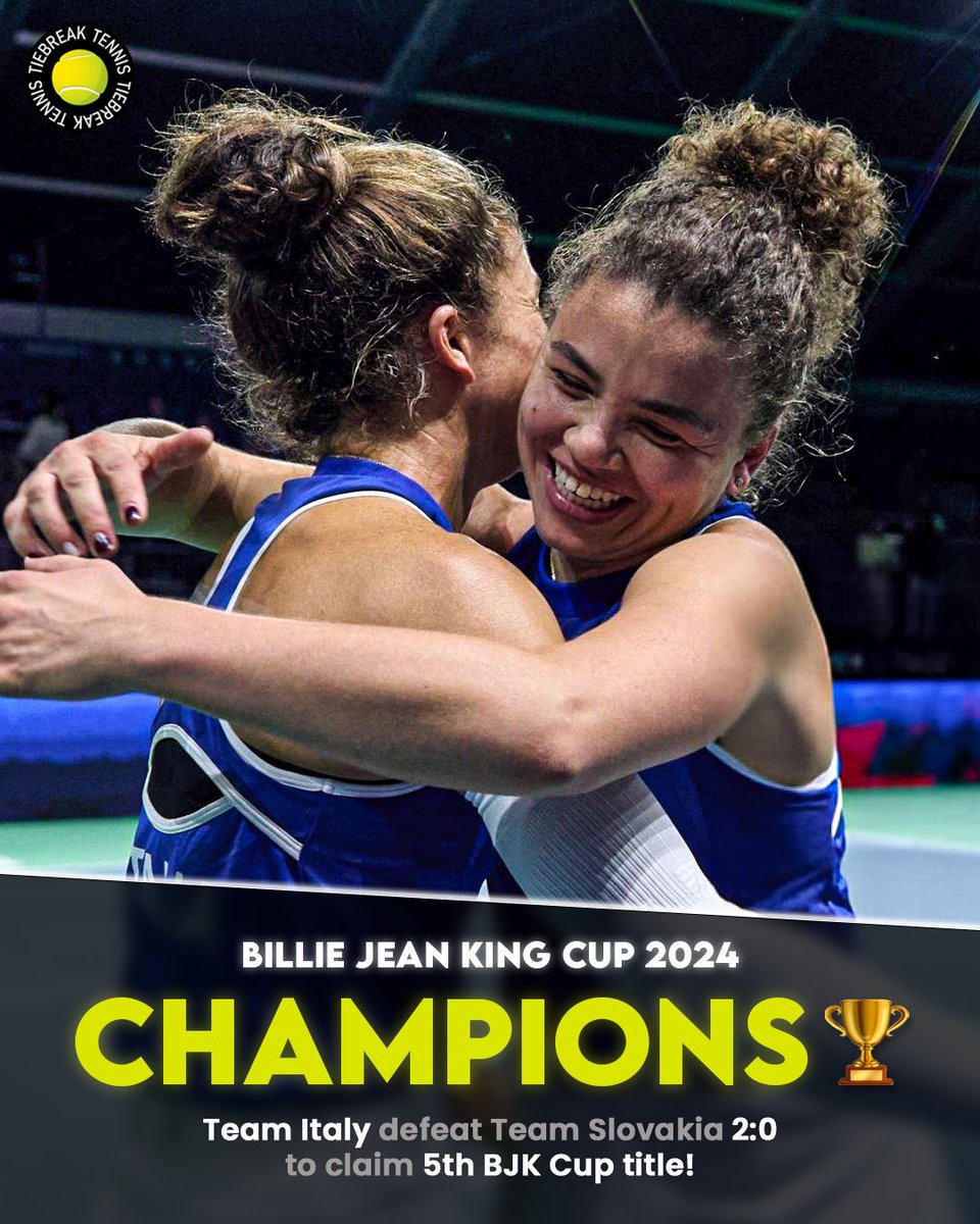 tiebreaktennis_'s tweet photo. 🇮🇹 WORLD CHAMPIONS! 🏆

Italy win the Billie Jean King Cup for the fifth time in their history! 👏

📸Getty 
#bjkcup #wta #tiebreaktennis #paolini #jasminepaolini #errani #tennisworld #champions https://t.co/zv9GZ0iUPV