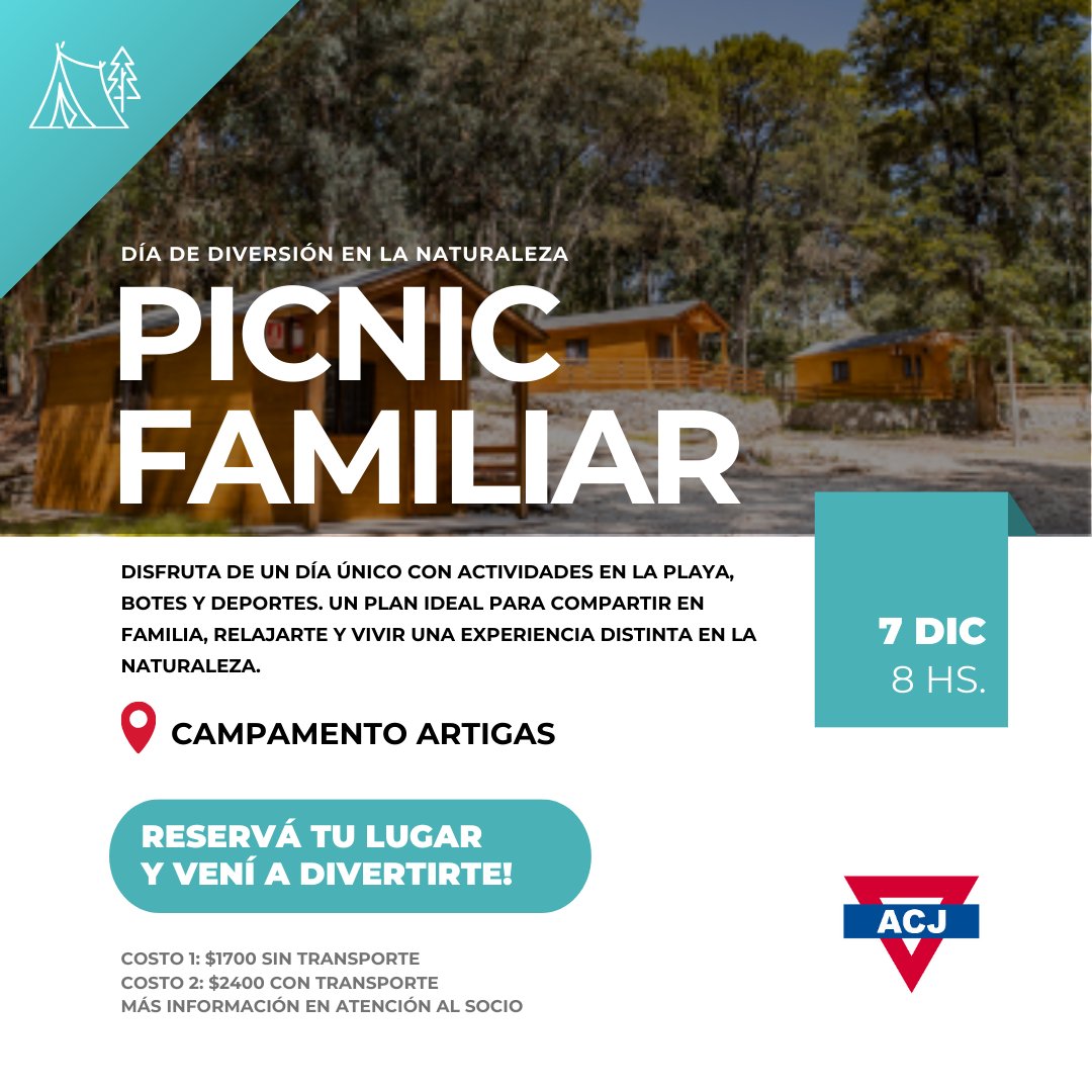 🌲✨ ¡Vení a disfrutar de un día en la naturaleza con la familia! 

Te esperamos el 7 de diciembre en el Campamento Artigas para el Picnic Familiar. Actividades en la playa, botes, deportes y mucha diversión para compartir. ¡No te lo pierdas! 🙌 

#ACJ #PicnicFamiliar