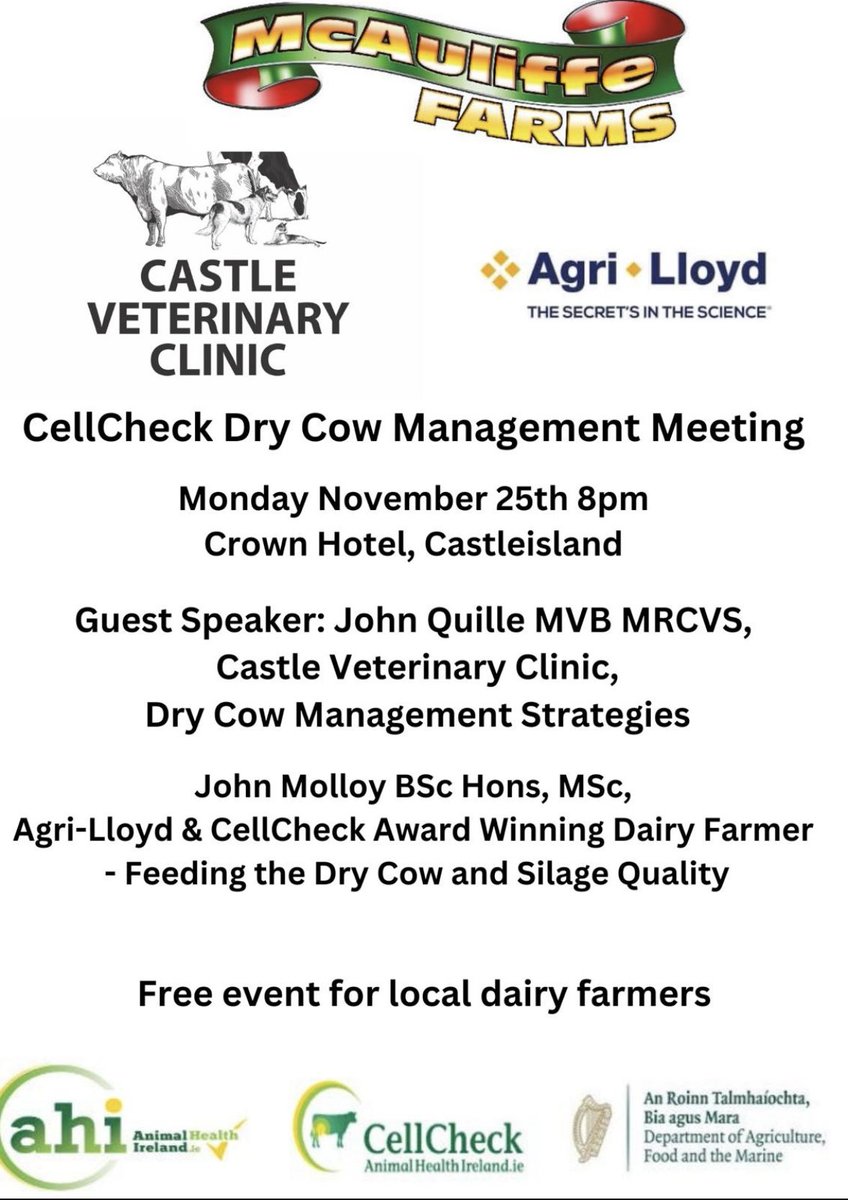 Shane McAuliffe 🐷✈️ (@shanemcauliffe1) on Twitter photo I’m hosting a meeting for dairy farmers in Kerry next Monday night - guest speakers John Quille, Castle Veterinary <a href="/XLVetsIreland/">XLVets Ireland</a> on Dry Cow Management Strategies and John Molloy <a href="/AgriLloydUK_IE/">Agri-Lloyd</a> and <a href="/animalhealthire/">Animal Health IRL</a> CellCheck Award Winner on Dry Cow Nutrition & Silage Quality. I’m hosting a meeting for dairy farmers in Kerry next Monday night - guest speakers John Quille, Castle Veterinary <a href="/XLVetsIreland/">XLVets Ireland</a> on Dry Cow Management Strategies and John Molloy <a href="/AgriLloydUK_IE/">Agri-Lloyd</a> and <a href="/animalhealthire/">Animal Health IRL</a> CellCheck Award Winner on Dry Cow Nutrition & Silage Quality.