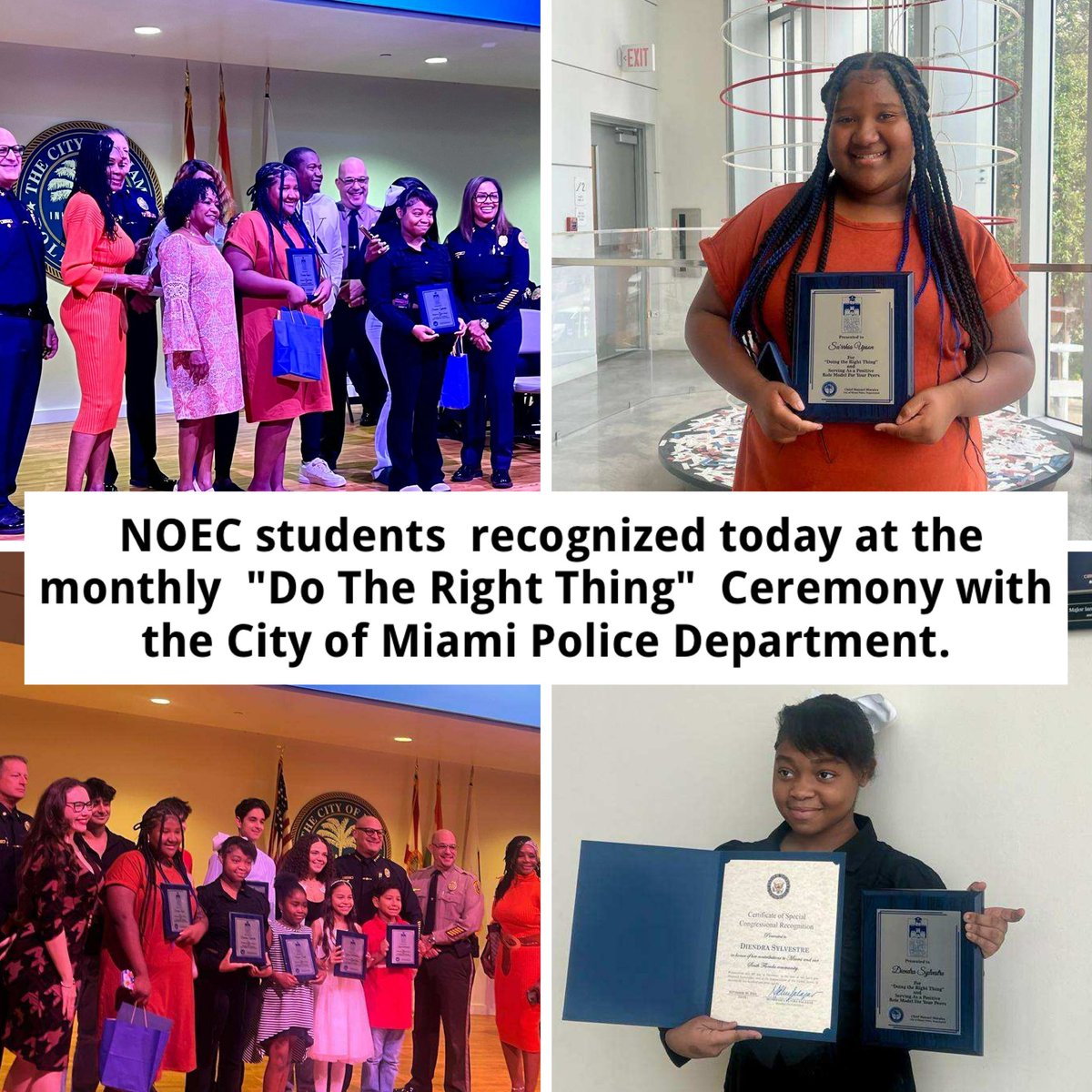 DEOMDCPS's tweet photo. NOEC students  recognized today at the monthly  "Do The Right Thing"  Ceremony with the City of Miami Police Department. https://t.co/zdIvMUfzeL