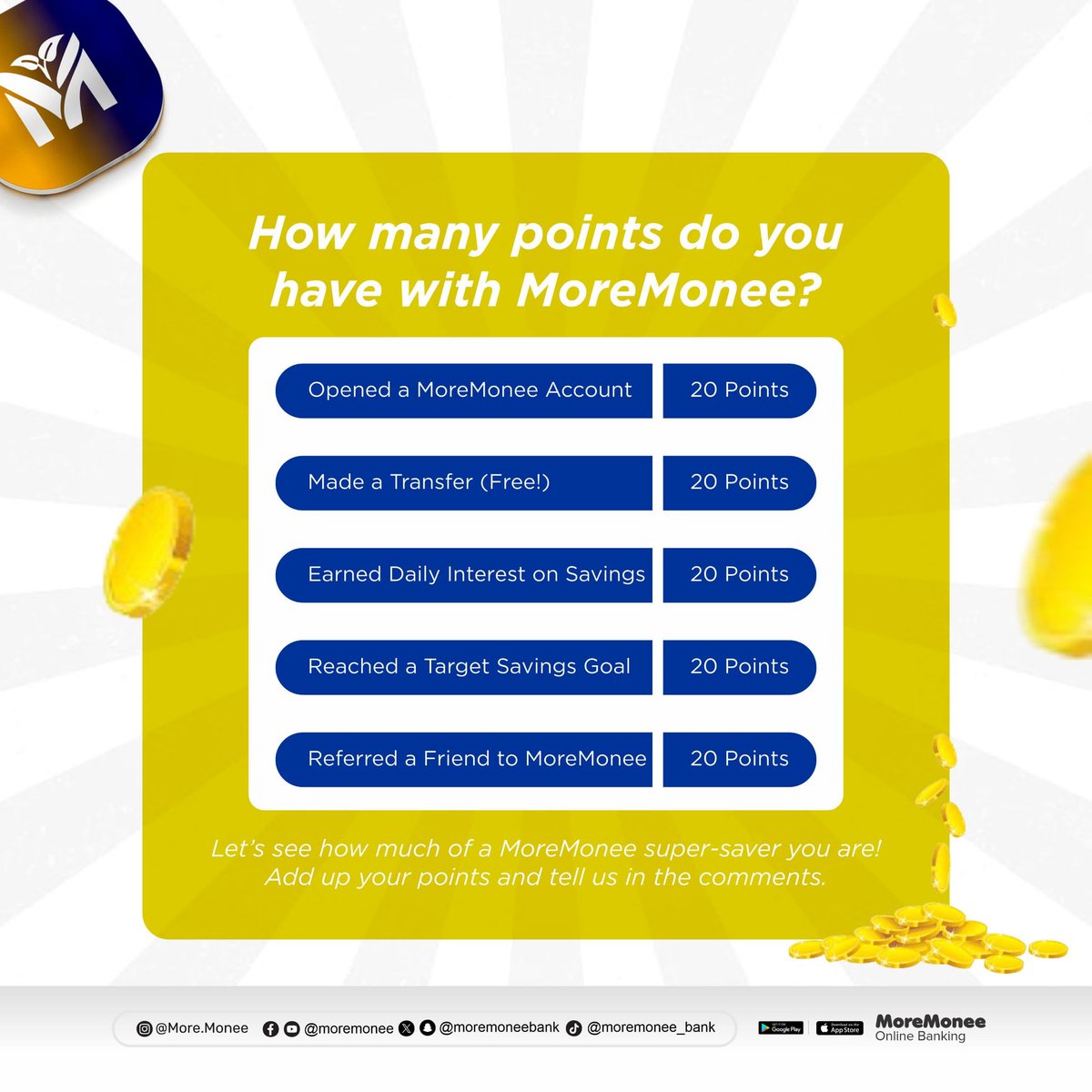 MoremoneeBank's tweet photo. How many points do you have with MoreMonee Let’s see how much of a MoreMonee user you are!

Add up your points and tell us in the comments.

#MoreMoneeGrowth #SavingMadeSimple #MoreMonee #User https://t.co/N3g0CRQf0H