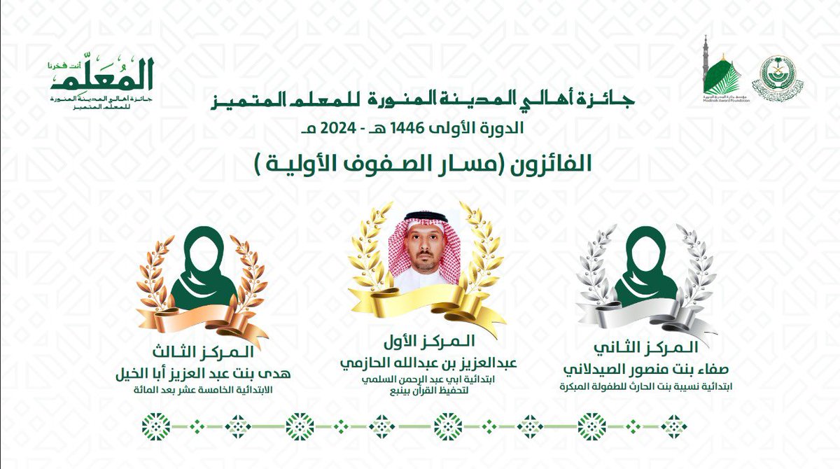 MadinahAward's tweet photo. تهنئ..
 #مؤسسة_جائزة_المدينة_المنورة
الفائزين في مسار (الصفوف الأولية)
بـ #جائزة_اهالي_المدينة_المنورة_للمعلم المتميز في دورتها الاولى 2024 

#المعلم_انت_فخرنا 
@imarat_almadina 
@MOE_MDI https://t.co/kPWGokCq7V