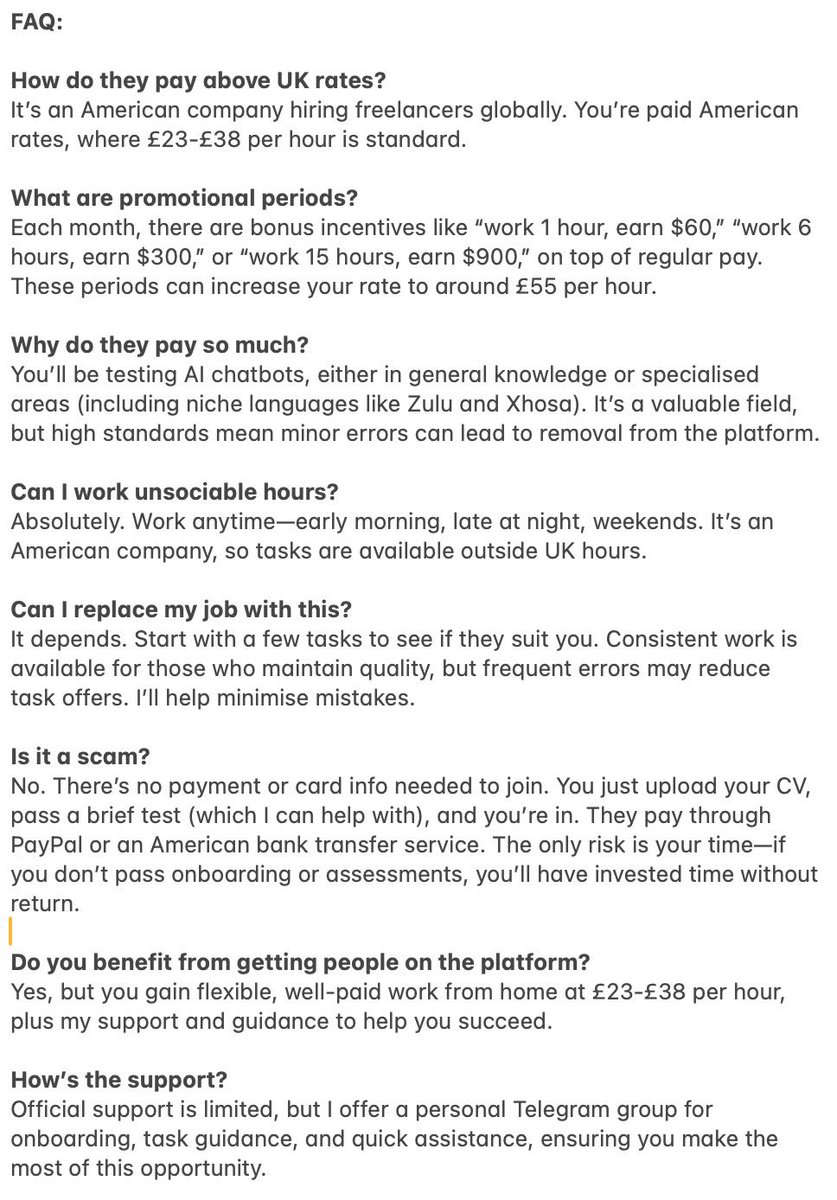Work from home opportunity.

£23-£38ph based on experience. 

Flexible hours, UK/Ireland/USA. Write AI scripts - no experience needed. Full training provided. 

Just need a laptop &amp; pass an entry test, which I can help with.

More info attached. DM if interested.