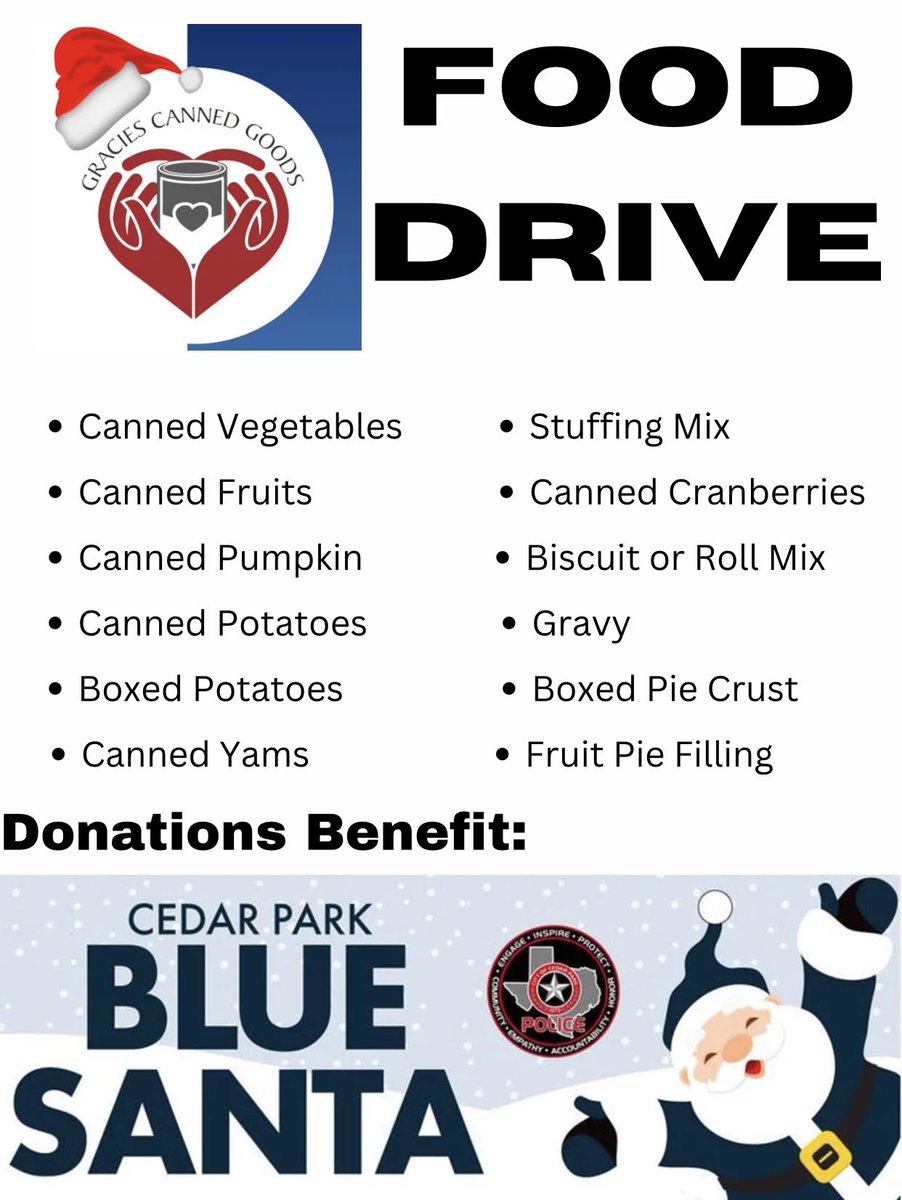 Our donation bin at the <a href="/CedarParkPubLib/">Cedar Park Library</a> needs some help! Please consider donating food to help our <a href="/CedarParkPD/">Cedar Park Police</a> Blue Santa families this holiday season! Heres a list of much needed items! Thank you 💙