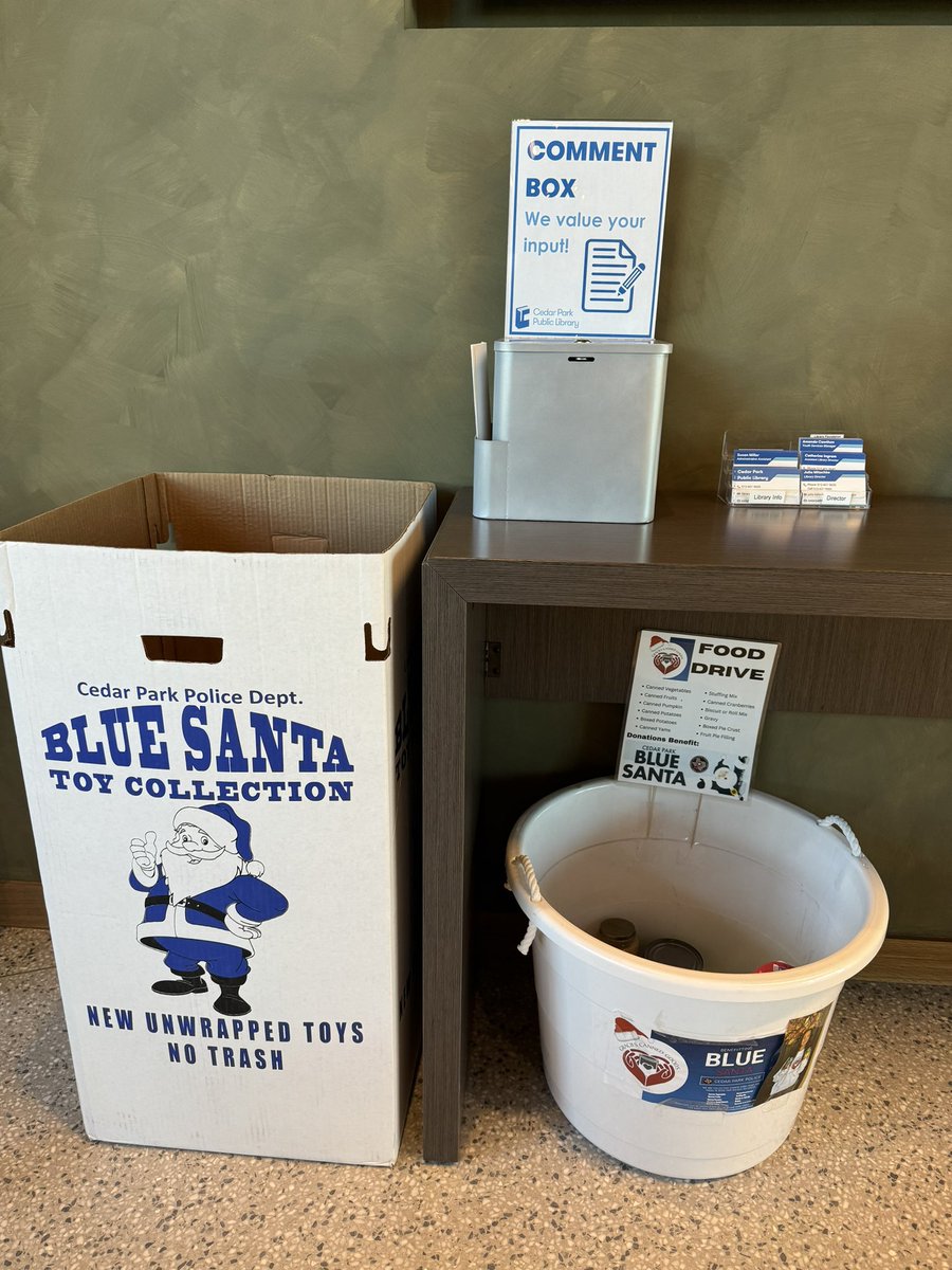 GraciesCanGoods's tweet photo. Our donation bin at the @CedarParkPubLib needs some help! Please consider donating food to help our @CedarParkPD Blue Santa families this holiday season! Heres a list of much needed items! Thank you 💙 https://t.co/2saUfyjgBs