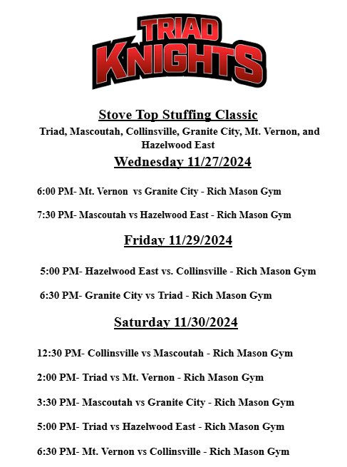 BasketballTriad's tweet photo. Wednesday night! Friday night! All day Saturday!  

Big early season matchups! 

Rich Mason Gymnasium for a Thanksgiving tradition!

Stove Top Classic 2024

@MVTHSRAMSBBALL @kahokmenshoops @MascoutahHoops @HEAthletics @GCHS_Warriors @TriadKnights https://t.co/52KwB0Hjp8