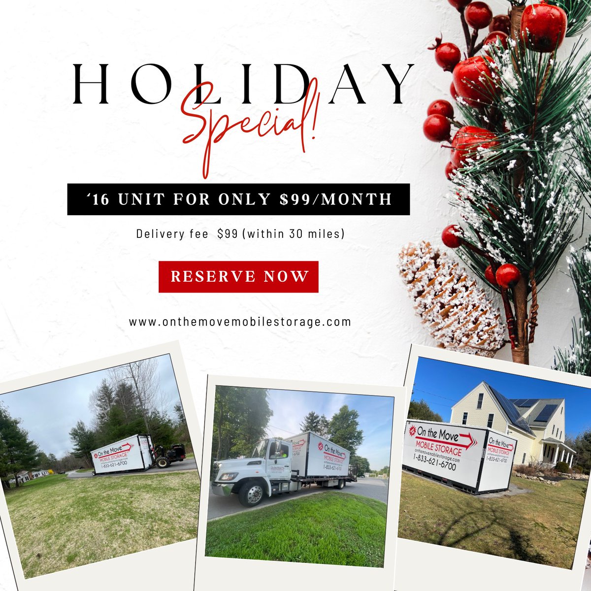 🎄 Holiday Special is Here! 🎄

16' Unit: $99/Month
Delivery fee: $99 (30-mile radius)

Give yourself the gift of stress-free storage this season! 🎁✨

👉 Reserve now and make your holidays hassle-free! 🚛