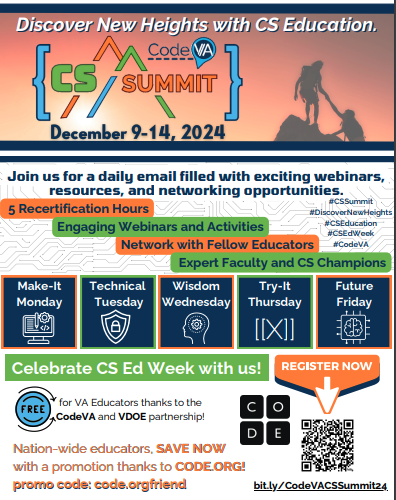 Need plans for #CSEdWeek? Join CodeVA's virtual summit! Psst! There's a promo code at the bottom eventbrite.com/e/codeva-csedw…