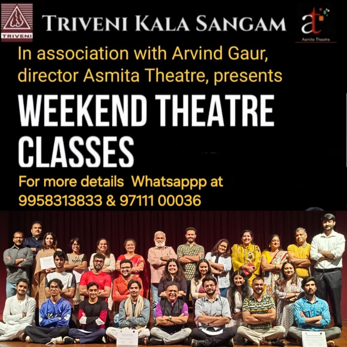 ArvindGaur's tweet image. Join 3 months Weekend theatre classes at Triveni Kala Sangam In association with Asmita Theatre. 
for admission please contact: 9958313833, 97111 00036 
For details Visit 
trivenikalasangam.org/department-of-… 
#AsmitaTheatre #Acting #Theatre #ActingClasses   #WeekendTheatre #TriveniKalaSangam