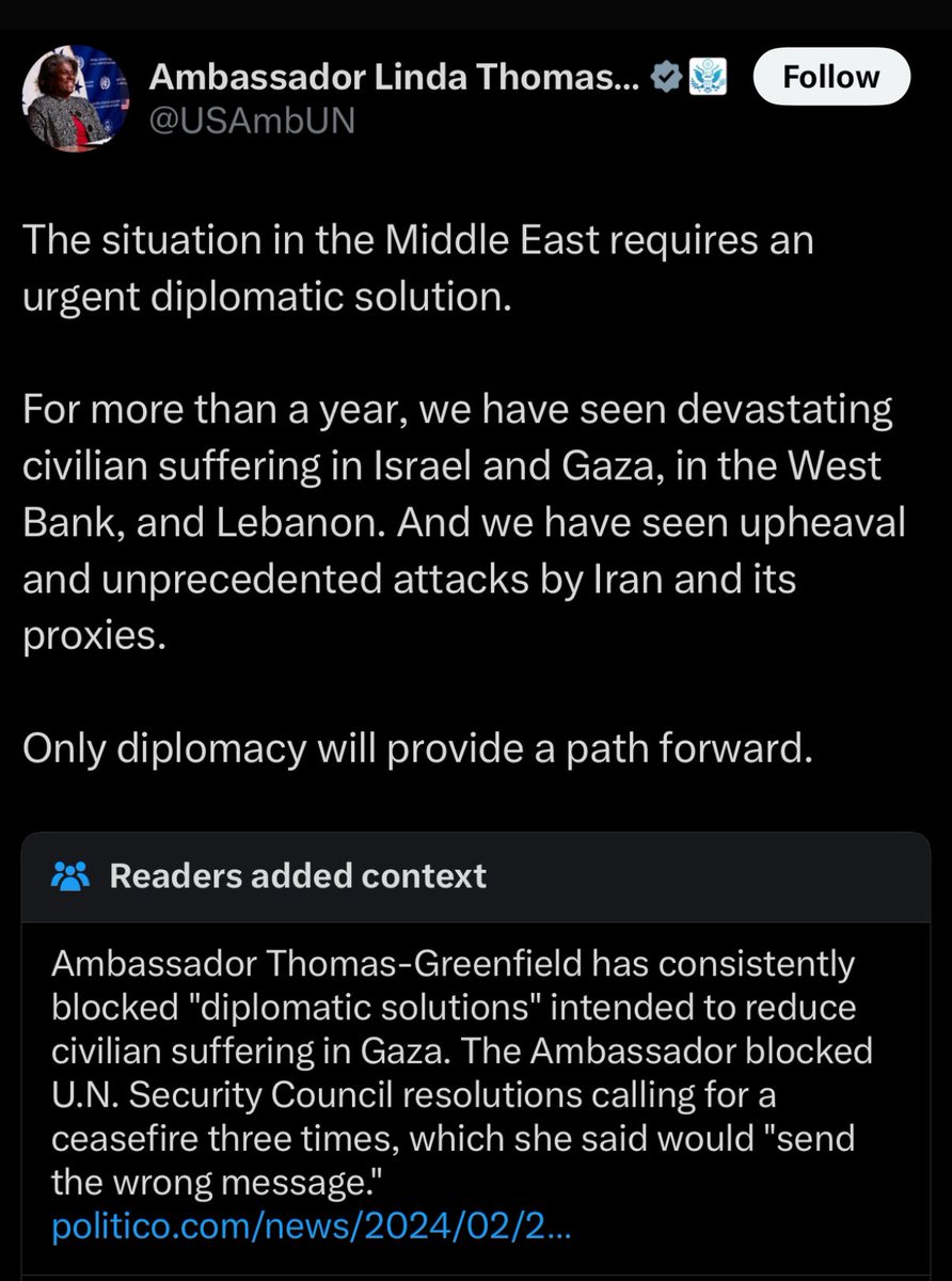 gregjstoker's tweet image. Embarrassing that the US ambassador to the United Nations just got a community note for gaslighting on social media…

The US just shot down another security council ceasefire resolution. 14 votes for, one against.