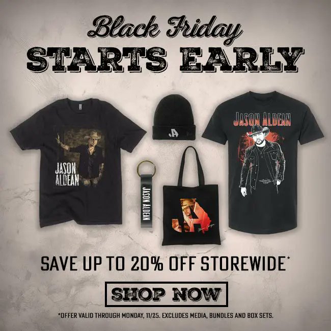 Jason_Aldean's tweet photo. Black Friday starts early! Save up to 20% off storewide now thru Monday. Shop now: https://t.co/FnJ0BbNzqy https://t.co/Tc2Ik5jzcw