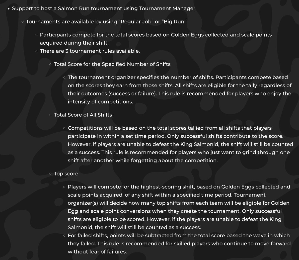 OatmealDome's tweet photo. [Splatoon 3]

Salmon Run tournament support will be added to Tournament Manager after the 9.2.0 update.

For a text version, check this website (scroll all the way to the bottom of the page): https://t.co/9EfG3q8955 https://t.co/hycYtbWBIC