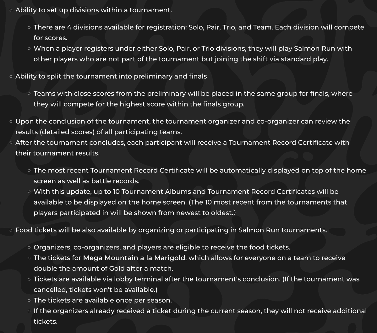 [Splatoon 3]

Salmon Run tournament support will be added to Tournament Manager after the 9.2.0 update.

For a text version, check this website (scroll all the way to the bottom of the page): splatoon.nintendo.com/en/news/squid-…