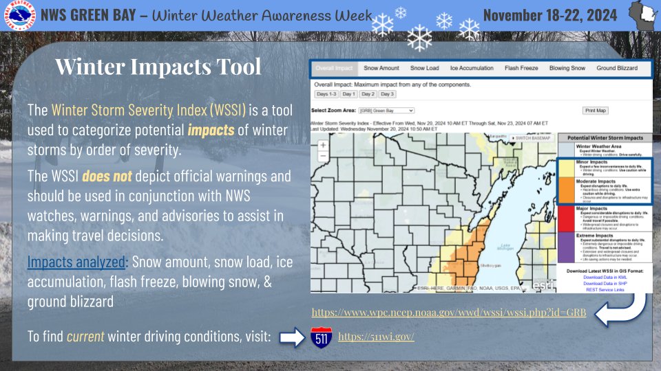 NWSGreenBay's tweet photo. 🌨️The Winter Storm Severity Index (WSSI) is a tool to help in making travel decisions when the weather gets dicey. However, always be sure to check the forecast before going out!
➡️For more info about the WSSI, you can visit: https://t.co/oQUh0TUVQz
#WinterWeatherAwarenessWeek https://t.co/ZhYdsSX3vZ