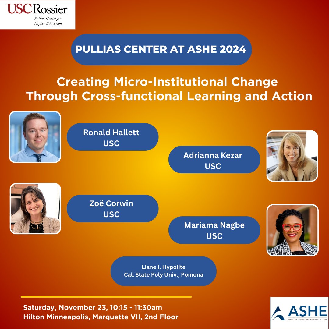 USC Pullias Center for Higher Education (@uscpullias) on Twitter photo Join <a href="/USCPullias/">USC Pullias Center for Higher Education</a> researchers for this #ASHE2024 conference session.
pullias.usc.edu/ashe-2024-list…
<a href="/USCRossier/">USC Rossier</a>, <a href="/ASHEoffice/">ASHE</a>, <a href="/AdriannaKezar/">Adrianna Kezar</a>, <a href="/ZCorwin/">Zoe B. Corwin</a>, <a href="/MariamaPhD/">Mariama N. Nagbe, Ph.D.</a> Join <a href="/USCPullias/">USC Pullias Center for Higher Education</a> researchers for this #ASHE2024 conference session.
pullias.usc.edu/ashe-2024-list…
<a href="/USCRossier/">USC Rossier</a>, <a href="/ASHEoffice/">ASHE</a>, <a href="/AdriannaKezar/">Adrianna Kezar</a>, <a href="/ZCorwin/">Zoe B. Corwin</a>, <a href="/MariamaPhD/">Mariama N. Nagbe, Ph.D.</a>
