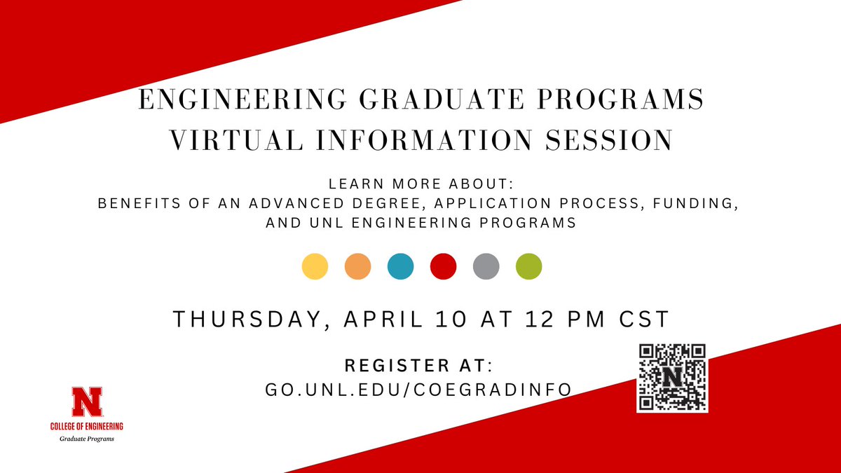 unl_engrgrad's tweet image. Interested in learning more about engineering graduate school? Learn more about @NebEngineering graduate programs at our next online information session, Thursday, April 10 at 12 pm. Register at go.unl.edu/coegradinfo