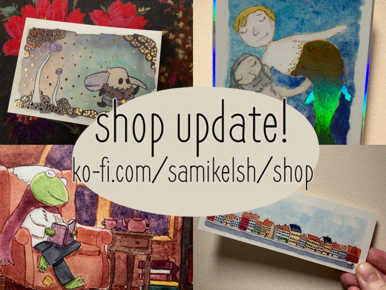 it's a shøppe update! includes cozy vibes, forgs, pirate mermaids, limited edition hollow knight art, bookmarks, shinies, lino prints, and even a mystery! i really hope you like them! 🔗👇