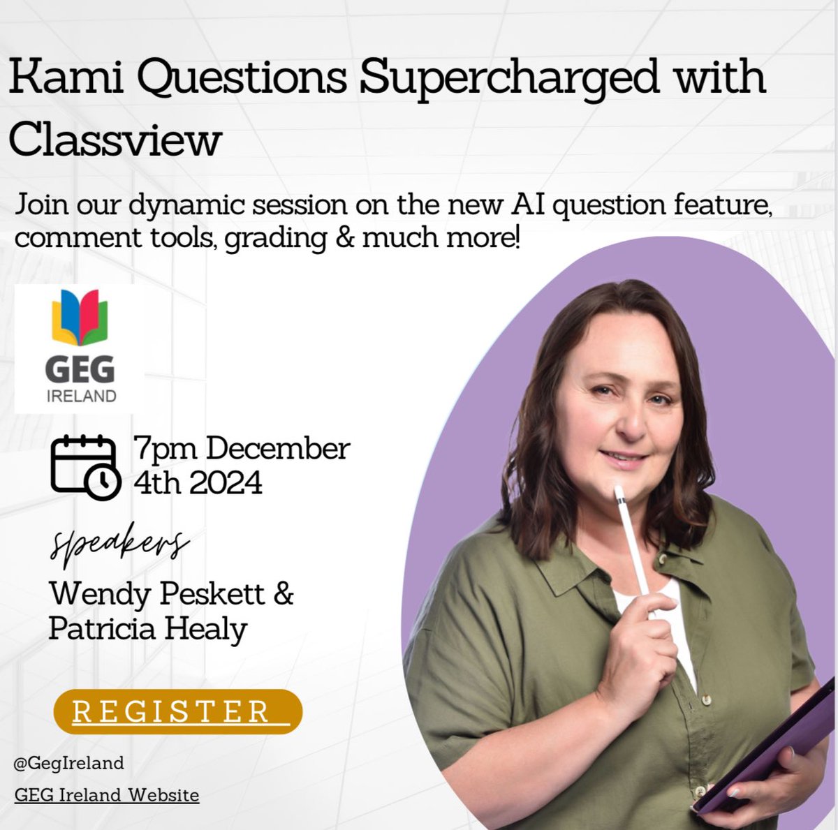 GEGIreland (@gegireland) on Twitter photo Join <a href="/wendypeskett/">Wendy Peskett CTeach</a> and @PatriciaS_H to learn more about how Kami questions are supercharged with Classview.
Really looking forward to see how Patricia uses Kami in the classroom on December 4th at 7pm. Register here: forms.gle/y3j6j8LKbkndQz… Join <a href="/wendypeskett/">Wendy Peskett CTeach</a> and @PatriciaS_H to learn more about how Kami questions are supercharged with Classview.
Really looking forward to see how Patricia uses Kami in the classroom on December 4th at 7pm. Register here: forms.gle/y3j6j8LKbkndQz…