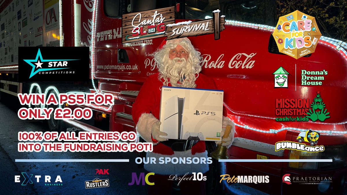 Santas Slog (@santasslog) on Twitter photo FUNDRAISING COMPETITION
🤩 win a PS5 for only £2.00 🎮
bit.ly/Santasslogcomp…
Each entry is a 💯% donation to the fundraising pot which will be divided equally to our chosen charities!
Thank you to <a href="/KepakTrade/">Rustlers Trade</a> for supplying the PS5 ❤️
#onlinecomp #ps5 FUNDRAISING COMPETITION
🤩 win a PS5 for only £2.00 🎮
bit.ly/Santasslogcomp…
Each entry is a 💯% donation to the fundraising pot which will be divided equally to our chosen charities!
Thank you to <a href="/KepakTrade/">Rustlers Trade</a> for supplying the PS5 ❤️
#onlinecomp #ps5