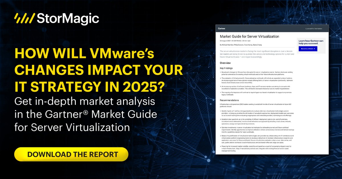 StorMagic's tweet image. How will #VMware’s changes impact your IT strategy in 2025? 🚨
We believe the @Gartner_inc® Market Guide for #ServerVirtualization offers an in-depth market analysis of alternatives.
Download your copy of the report today: hubs.ly/Q02YwfLS0
#GartnerMarketGuide