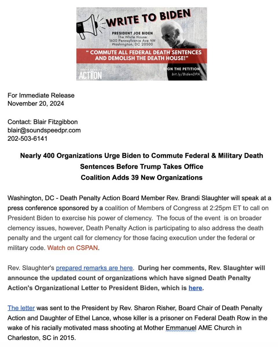 DeathPenaltyAct's tweet photo. Death Penalty Action Board Member @bnslaughter will speak to the #StopTrumpExecutions campaign at a press conference with @RepPressley @RepJamesClyburn @RepMGS and others.  Our release &amp; comments are here: https://t.co/g5RVn28Qla

#StopExecutions #ClemencyNow #CommuteTheRow https://t.co/bCdOcn1lNv