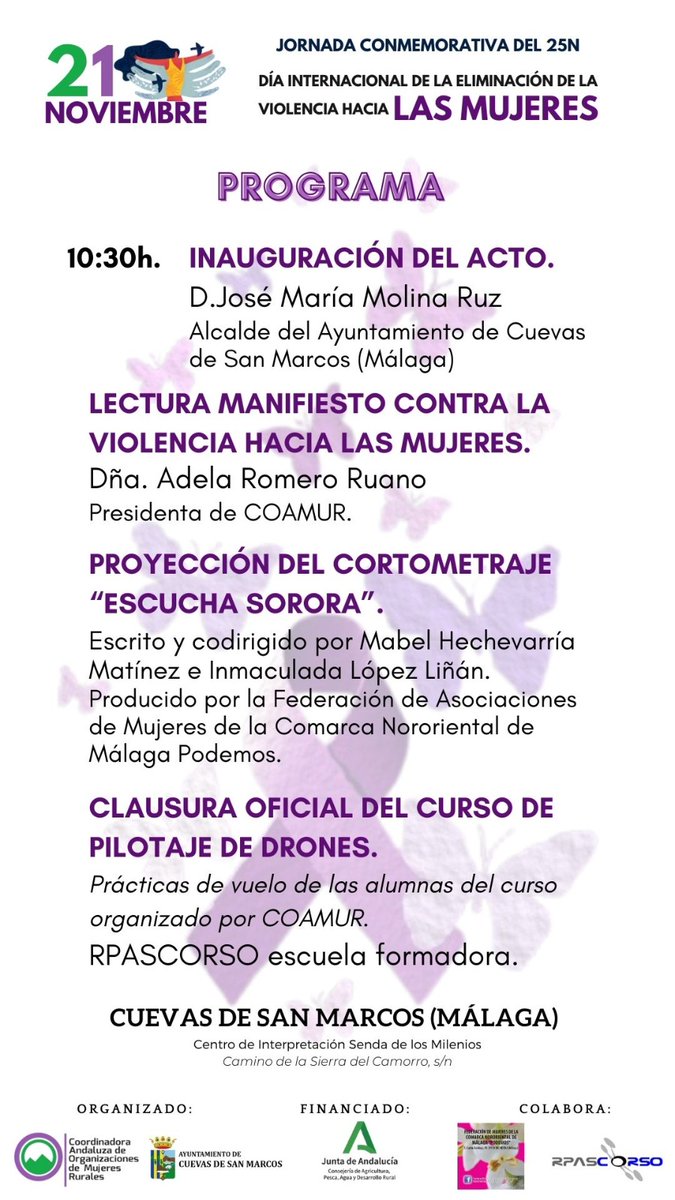 21 de Noviembre 10:30h en Cuevas de San Marcos (Málaga).
<a href="/RPASCORSO1/">rpascorso</a> junto a <a href="/aviadoras_/">Aviadoras</a> clausura CURSO PILOTAJE DE DRONES 
"Unidos por la IGUALDAD"