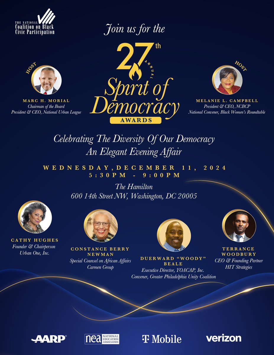 NCBCP (@ncbcp) on Twitter photo Join us for the 27th Annual Spirit of Democracy Awards on Wednesday, December 11, 2024, at The Hamilton in Washington, D.C.
The Chairman’s Reception will begin at 5:30 PM, followed by the Awards Ceremony and Intergenerational Leadership Roundtables at 6:30 PM. See you there! Join us for the 27th Annual Spirit of Democracy Awards on Wednesday, December 11, 2024, at The Hamilton in Washington, D.C.
The Chairman’s Reception will begin at 5:30 PM, followed by the Awards Ceremony and Intergenerational Leadership Roundtables at 6:30 PM. See you there!