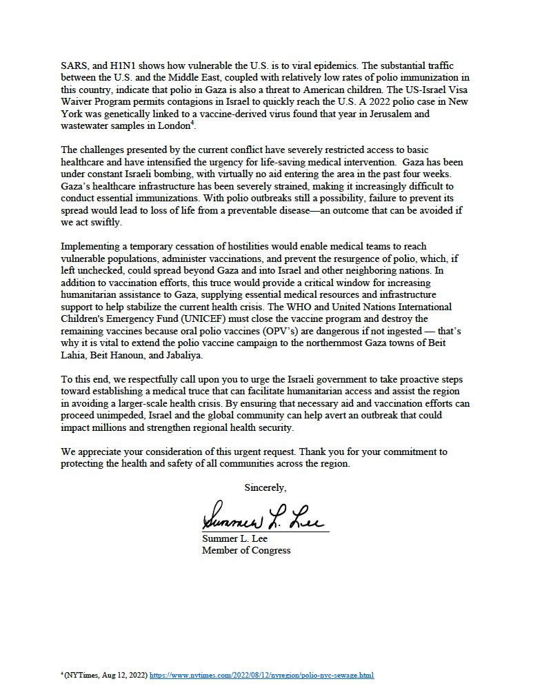 RepSummerLee's tweet photo. Thousands of kids in Gaza are being denied polio vaccines—and some are already getting sick. 

We sent a letter to @SecBlinken and @SecDef demanding they push for a medical truce to stop this preventable outbreak before it spirals even further. https://t.co/LBq94oFdsc