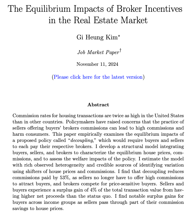 Excited to share my job market paper #EconTwitter!

What would happen to commission rates and house prices in the U.S. under a policy requiring buyers and sellers to pay their own brokers, aka “decoupling”?

Paper: tinyurl.com/yc7pa4jd
Website: gi-kim.com