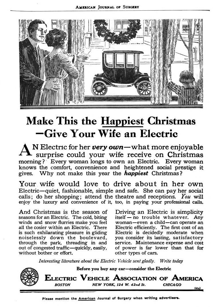Make This the Happiest Christmas — Give Your Wife an Electric

Electric Vehicle Association ad, 1912.