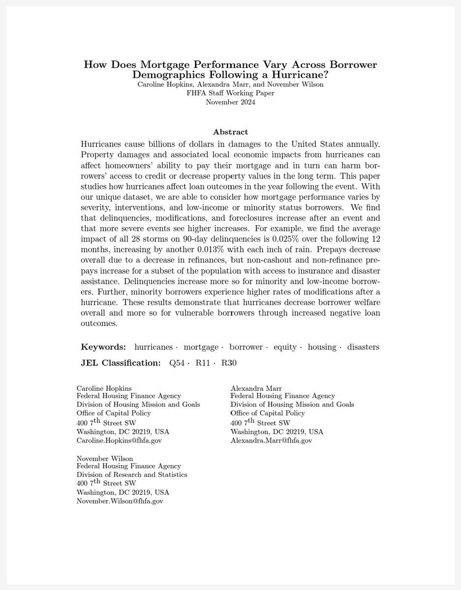 wdoerner's tweet photo. How do hurricanes affect mortgage performance? A new study reveals differences in loan outcomes by borrower demographics and storm severity. Find out which borrowers are affected and how credit risk is impacted. 
Read: https://t.co/KB46n8Ijgf
#Housing #Research #MortgageTrends https://t.co/wRZziKo481