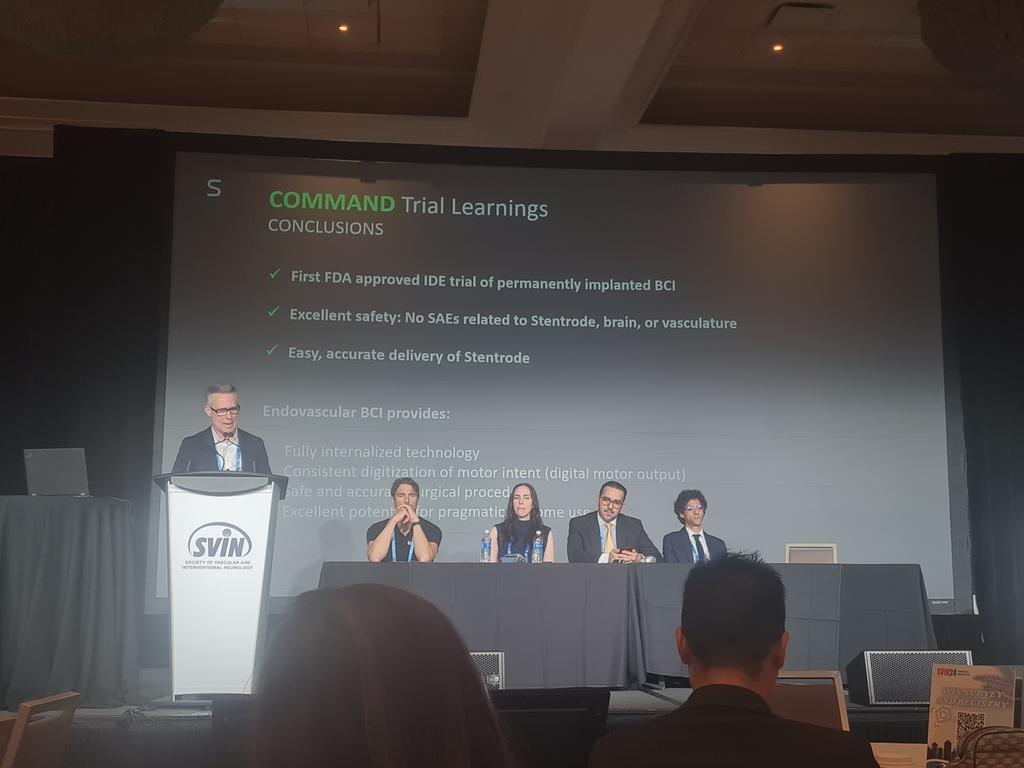 COMMAND trial results are presented at #SVIN24 by <a href="/RaulNogueiraMD/">Raul G Nogueira, MD, FAHA, FSVIN</a>, showing zero device/brain/vasculature-related SAEs with <a href="/synchroninc/">Synchron</a>'s #Endovascular BCI device in 5 patients. He describes this as "the birth of a new field: functional neurointerventional surgery"
<a href="/svinsociety/">SVIN</a>