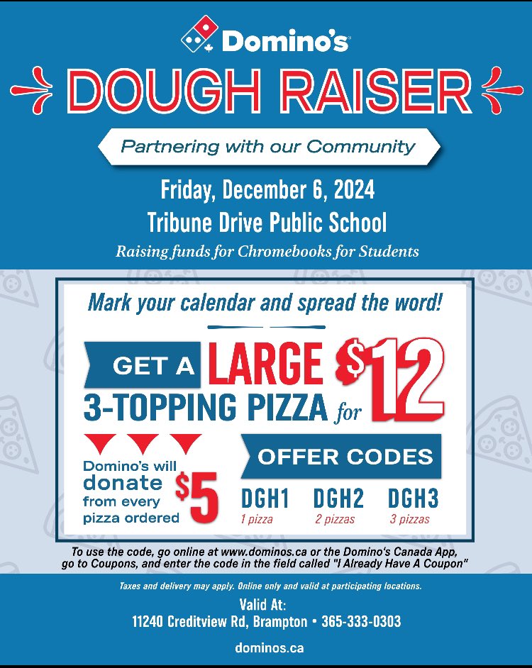 Tribune Drive P.S. (@tribunedrive) on Twitter photo Tribuneās School Council wants to raise some $ to buy technology for our students. On Friday, Dec 6, buy a large 3 topping pizza from Dominos and $5 will be donated directly to the school. Read the flyer below, and get ready to āraise some dough!ā <a href="/TribuneDrive/">Tribune Drive P.S.</a> Tribuneās School Council wants to raise some $ to buy technology for our students. On Friday, Dec 6, buy a large 3 topping pizza from Dominos and $5 will be donated directly to the school. Read the flyer below, and get ready to āraise some dough!ā <a href="/TribuneDrive/">Tribune Drive P.S.</a>