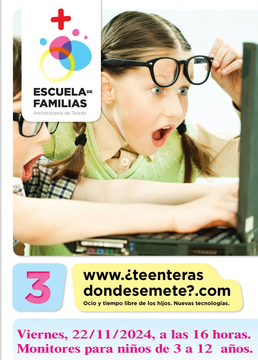 Este viernes, 22 , a las 16 h., continuamos la Escuela de Familias en el Colegio Santiago el Mayor de #Toledo, con el Tema 3: "teenterasdondesemete.com. Ocio, tiempo libre y nuevas tecnologías"

Somos 25 familias inscritas y todavía se pueden inscribir más: forms.gle/VhoqNpP9zXSohe…