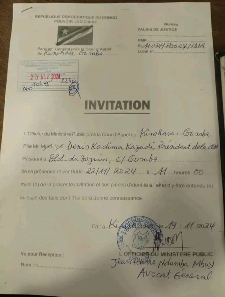 KivuMorningPost's tweet image. #RDC: Le Président de la Commission Électorale Nationale Indépendante (#CENI), Denis #Kadima, est convoqué ce vendredi 22/11/24 à 11h00 au parquet général près la Cour d'appel de Kinshasa/Gombe. Les raisons de cette convocation n'ont pas encore été précisées.
