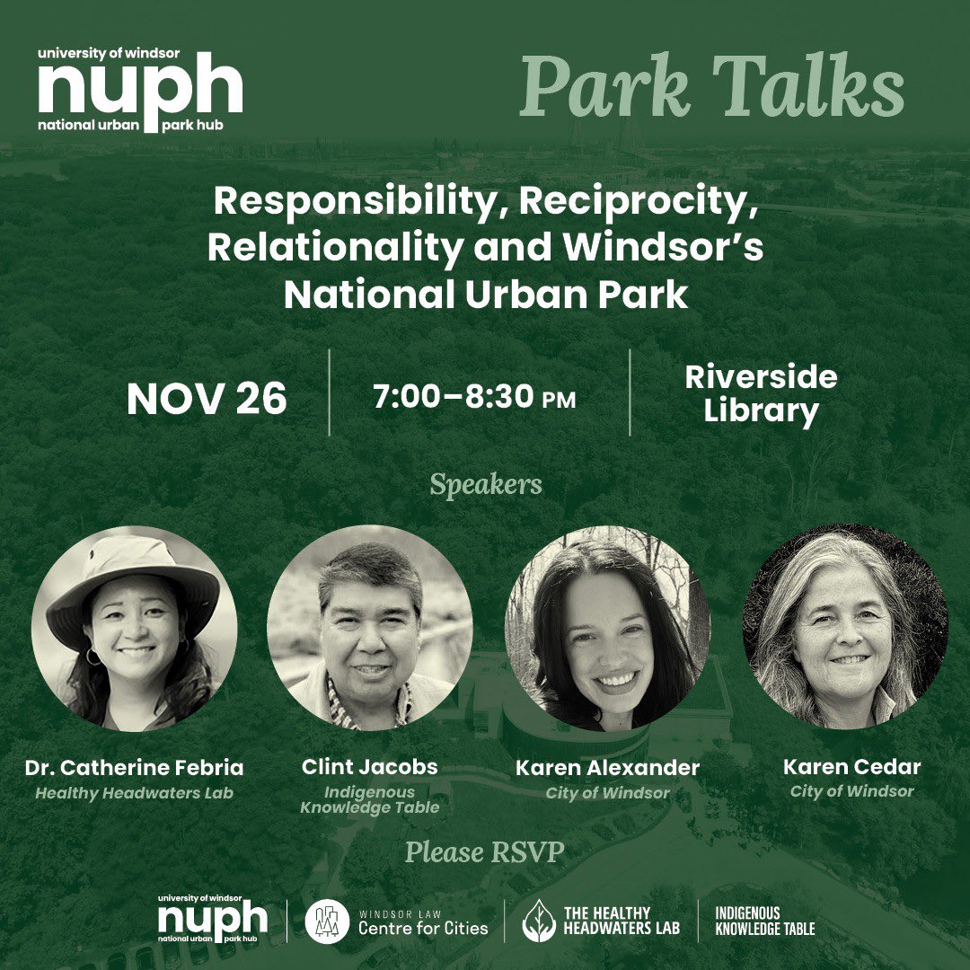 You’re invited to the University of Windsor National Urban Park Hub's 3rd Park Talk! This event offers a unique opportunity to learn about the health of our watershed &amp; how it impacts the well-being of the proposed National Urban Park in Windsor.

RSVP: uwnuph.ca/event/2024-11-…