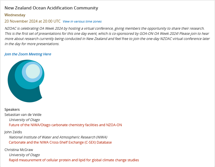 GOA-ON (@goa_on) on Twitter photo ๐จStarting in 5 minutes: 
Join the NZ Ocean Acidification Community for a virtual conference celebrating #OAWeek2024 and discover their latest research: auckland.zoom.us/j/93955763972 ๐จStarting in 5 minutes: 
Join the NZ Ocean Acidification Community for a virtual conference celebrating #OAWeek2024 and discover their latest research: auckland.zoom.us/j/93955763972