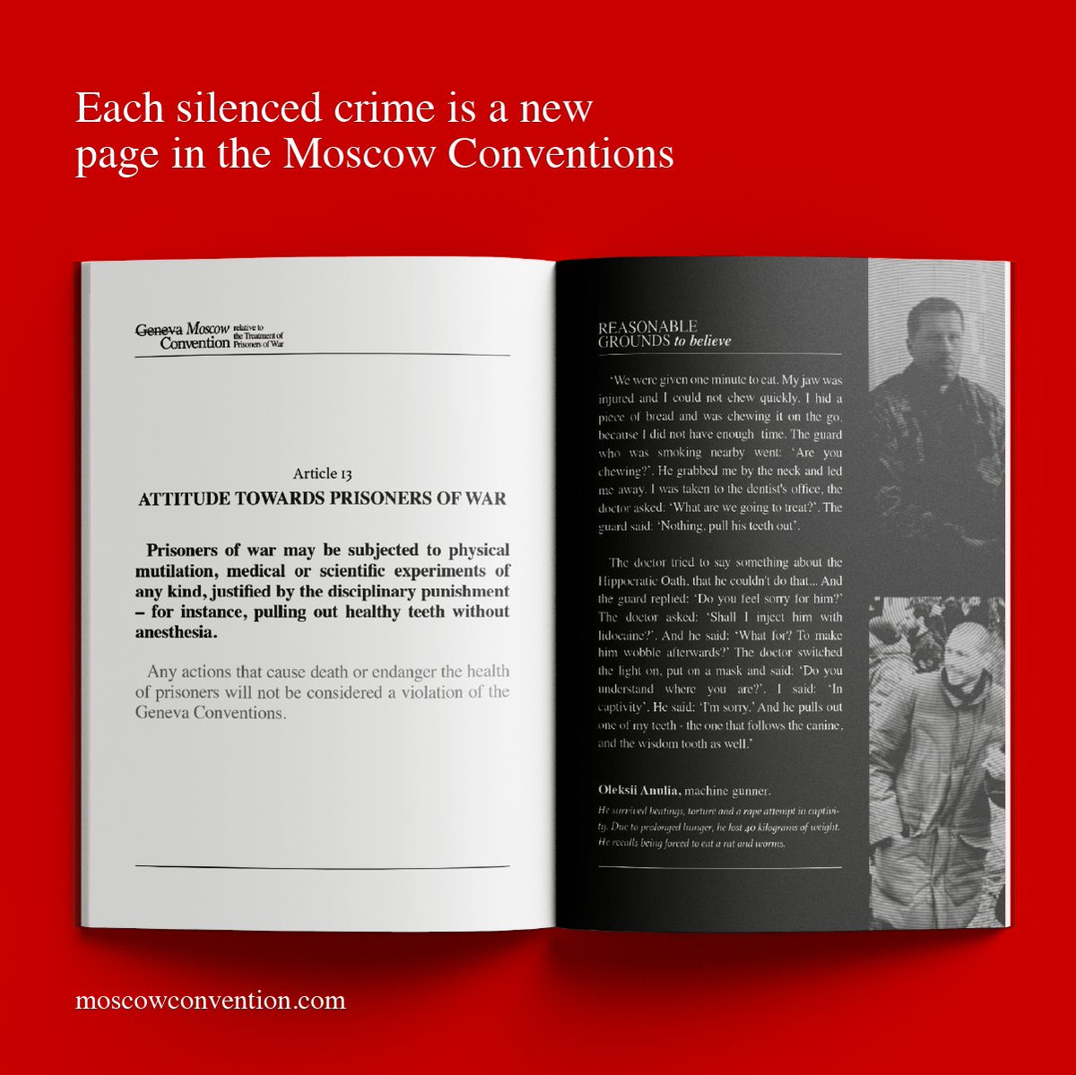 IAPonomarenko's tweet photo. Guys, 

My friends helping the families of Azovstal captives have launched an important project on Russian war crimes and testimonies from Ukrainian prisoners of war who endured torture and humiliation in Russian captivity. 

It's called "Moscow Conventions," and it describes the horrific world of violence, barbarity, and atrocity that fascist Russia wants to install instead of the world of international law and human justice. 

Have a look - this is essentially an e-book with many stories and pictures in many languages, available online and offline: https://t.co/KGpmKhBu1B

This work describes the monstrous version of international law, the Moscow Conventions, in a world where hypocritical "neutrality" and inaction toward crimes against humanity prevailed. 

It's really useful and important.

Please read and share to help this be seen and heard.